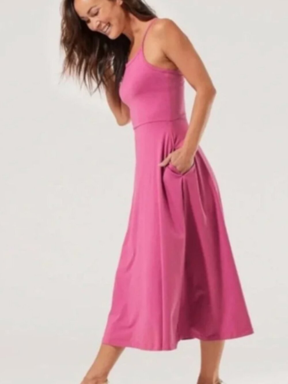 Pact Pink Organic Cotton Fit & Flare Midi Dress Sz S Casual Built in Bra Pockets
